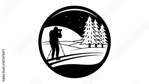 Silhouette of a photographer taking picture of winter landscape with trees under starry night in a circle | editable eps vectors