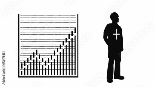 Silhouette of a construction worker next to a bar graph showing an upward trend in black and white | editable eps vectors