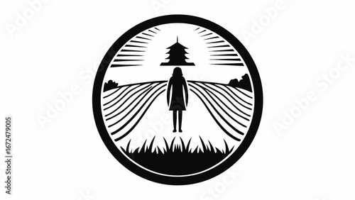 Silhouette of a person standing on a path leading to a pagoda inside a circle with sun rays | editable eps vectors
