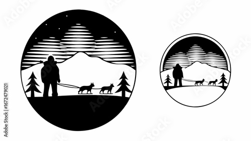 Silhouette illustration of a person with sled dogs in a mountain landscape under a striped sky design element | editable eps vectors