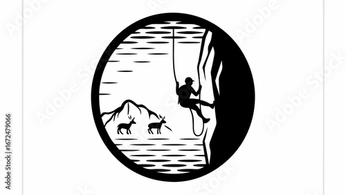 Silhouette of a climber rappelling down a rock face with deer and mountain landscape in a circle design | editable eps vectors