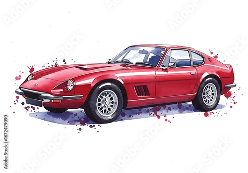  red vintage sports car with a sleek design, captured in a dynamic watercolor style with paint splatters