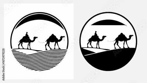 Two circular designs featuring camel caravans in silhouette against desert landscapes and stylized suns | editable eps vectors