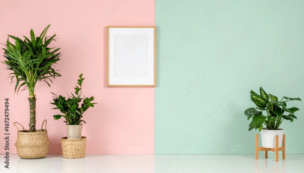 Fototapeta premium Plants with Empty Frame on Split Pastel Pink and Mint Green Wall Background