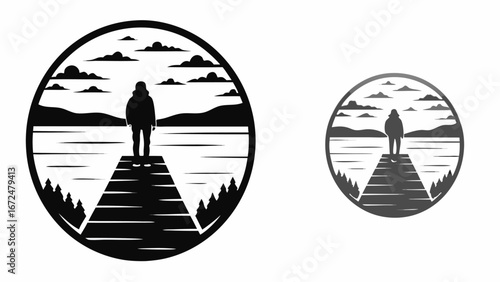 Silhouette of a person standing on a dock overlooking a lake with mountains and clouds in the background design | editable eps vectors