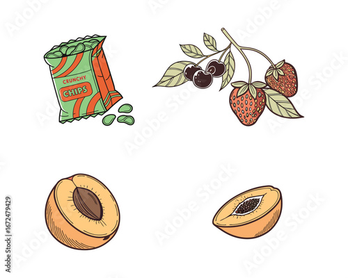 A set of hand-drawn illustrations featuring a bag of crunchy chips, a sprig of strawberries and cherries, and a sliced apricot