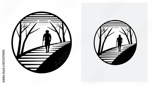 Silhouette of a person walking with a cane on a path through trees inside a circle illustration art | editable eps vectors