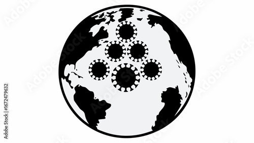 Illustration of a world globe with virus icons clustered in the center in black and white design style | editable eps vectors silhouette
