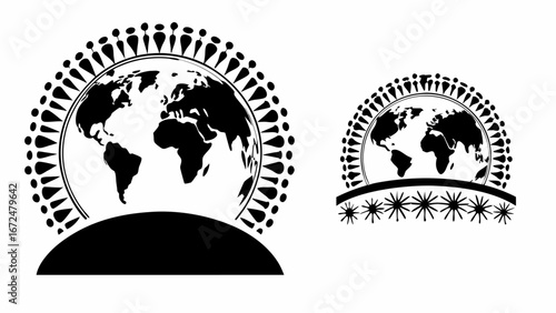 Two globe illustrations surrounded by stylized figures and stars in black and white design style | editable eps vectors silhouette