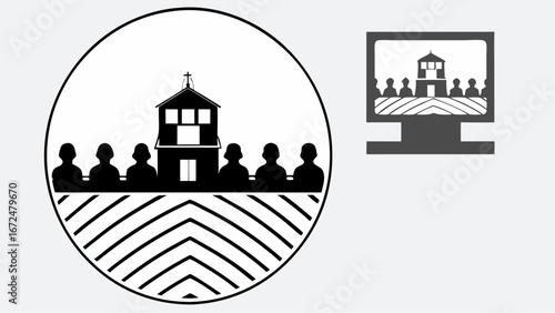 Illustration of a church building with people and a screen showing a similar scene online | editable eps vectors silhouette