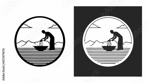 Silhouette of a person fishing with a net in a bowl with mountains and clouds in the background scene design | editable eps vectors