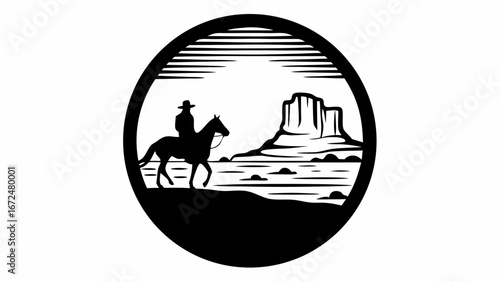 Silhouette of a cowboy on horseback with a desert landscape inside a circle frame with horizon lines | editable eps vectors
