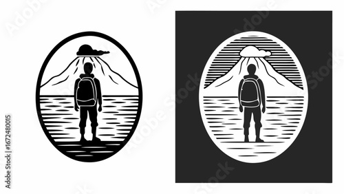 Silhouette of a hiker with a backpack standing before a mountain and water in an oval frame design | editable eps vectors