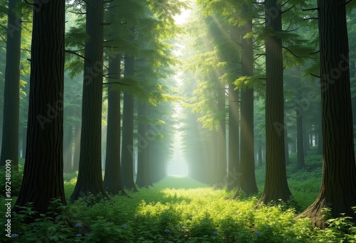 Wallpaper Mural lush green canopy towering cedar trees nature forest serenity tranquility wilderness scenery, woodland, verdant, leafy, shade, greenery, vegetation, blooming Torontodigital.ca