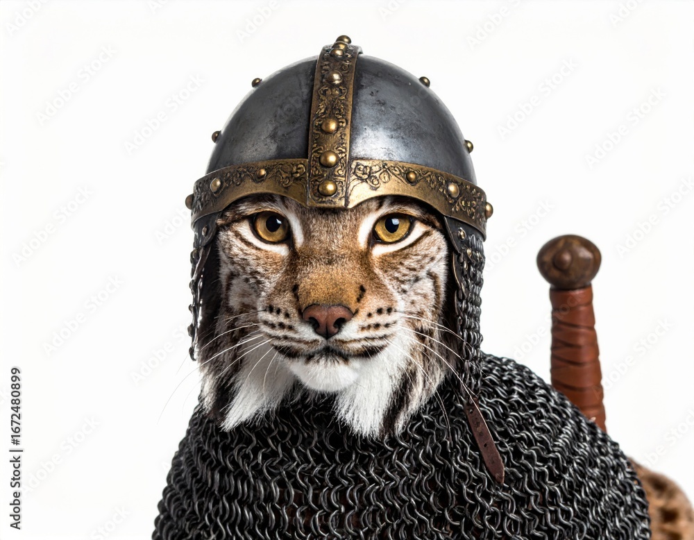 Fototapeta premium Lynx Wearing Medieval Knight Helmet and Chainmail with Sword on White Background