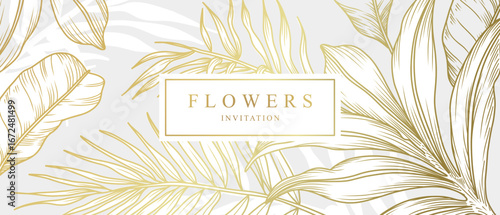 Luxury background with golden leaves of tropical plants in line art style. Floral pattern. Vector nature illustration for invitations, wall art, greeting cards, wallpapers