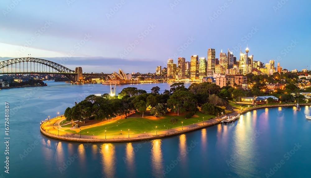 Naklejka premium Sydney skyline at dusk, framed by a bridge and harbor, glowing in the soft light