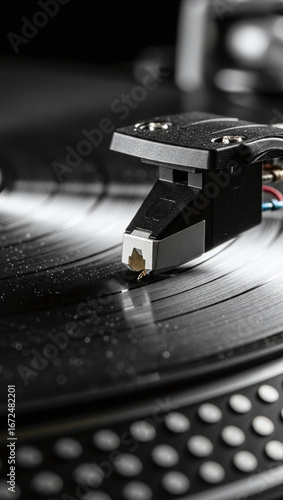 Close up of a record player needle on a spinning vinyl record