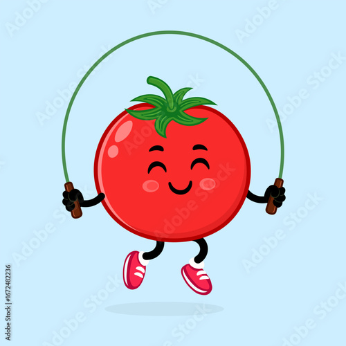 A cartoon tomato happily jumps rope, promoting healthy habits and fun activities.