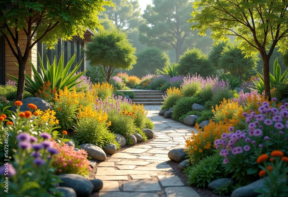 Fototapeta premium vibrant native plant garden excelling biodiversity colorful flora eco friendly habitat nature, human, landscape, greenery, flower, vegetation, ecosystem