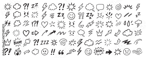 Hand drawn comic art doodle set with cartoon emoticons, arrows, hearts, clouds, and expressive marks, perfect for creative design projects, isolated on white background vector illustration