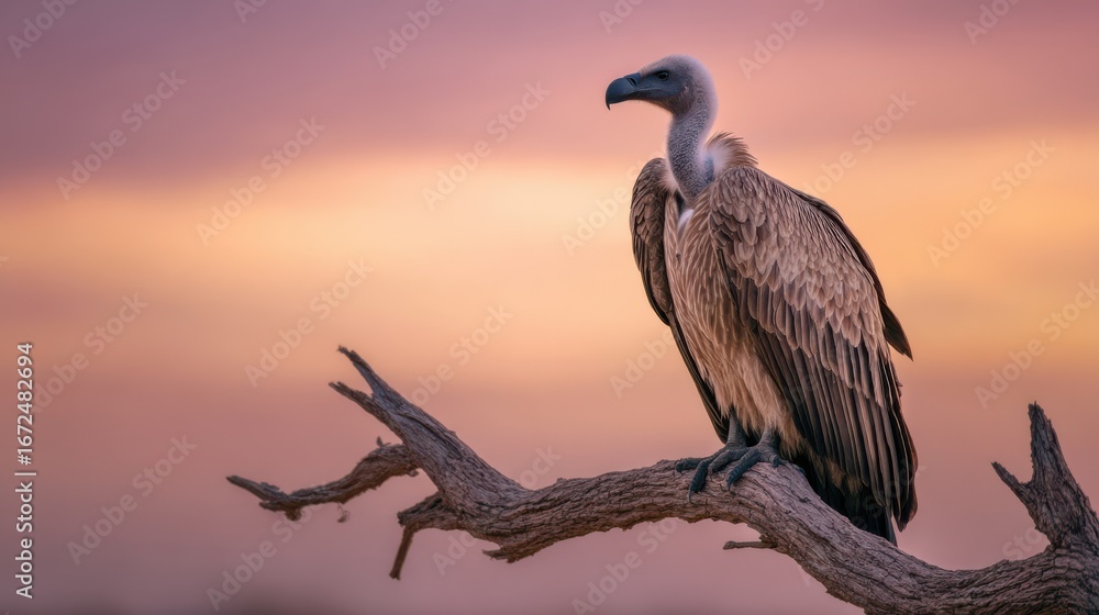 Fototapeta premium A large vulture is perched on a tree branch as the sun sets, casting warm hues in the sky. The bird surveys the tranquil surroundings, highlighting its impressive wingspan and keen gaze