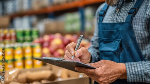 A worker wearing a blue apron is taking notes on a clipboard while surrounded by boxes of food items in a busy grocery warehouse during the afternoon