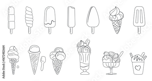 Collection of hand drawn ice cream doodles including cones, popsicles, sundaes, and desserts, outlined in black, isolated on white background vector illustration