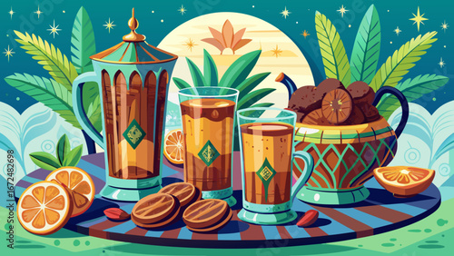 Traditional Moroccan mint tea served in ornate glasses, alongside dates and sugar, glistens warmly. This timeless ritual symbolizes hospitality, friendship, and culture, bringing people together in mo