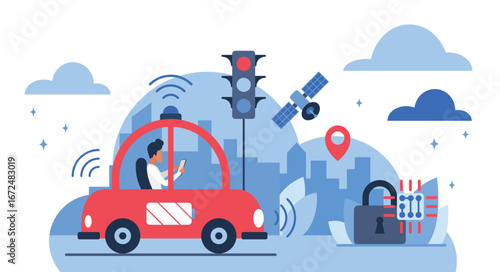 Autonomous vehicle using cloud computing, GPS, and AI for navigation, security, and connectivity in smart city environment isolated on white background vector illustration