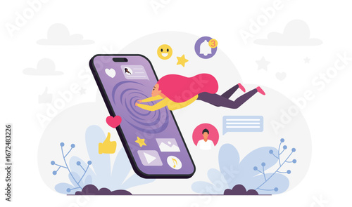 Young woman being drawn into a giant smartphone symbolizes digital addiction, social media influence, and technology dependence in modern life vector illustration