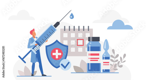 Healthcare worker holding syringe with vaccine bottle, shield, calendar and medical icons for immunization, prevention, and health awareness isolated on white background vector illustration