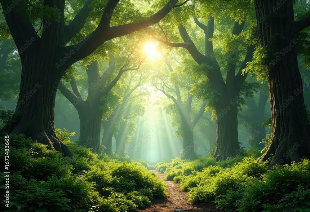 Fototapeta premium majestic forest canopy sunlight filtering through lush greenery illuminating serenity nature, tree, shade, sunset, leaf, branch, woods, flora, dappled