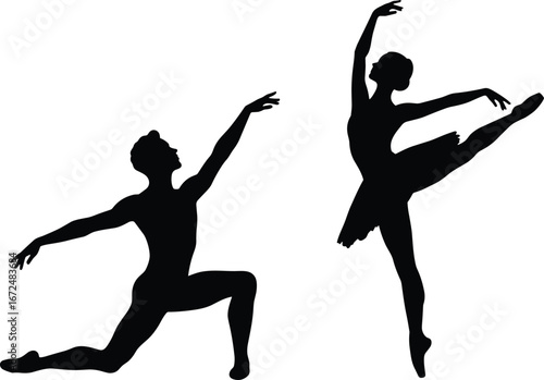 Ballet dancers silhouettes, male and female ballet pose, graceful dance figures, classical ballet, elegant dance silhouettes, performing arts icons