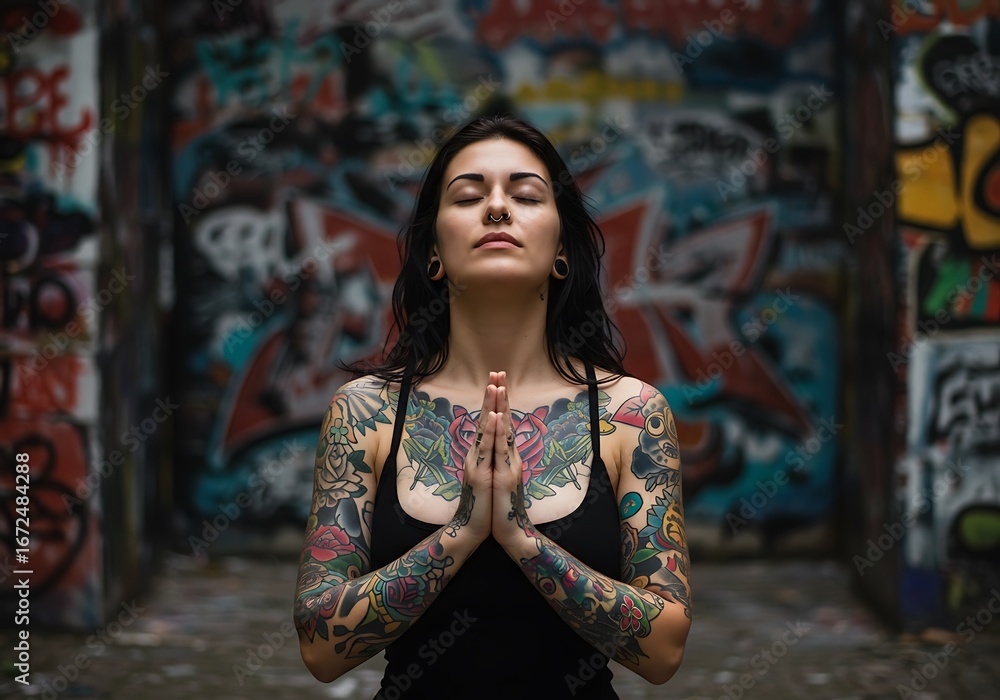Naklejka premium woman with tattoos on her chest and arms praying in front of a graffiti wall