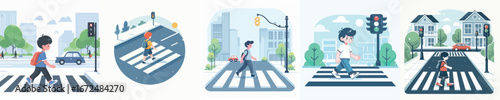 vector boy crossing the road