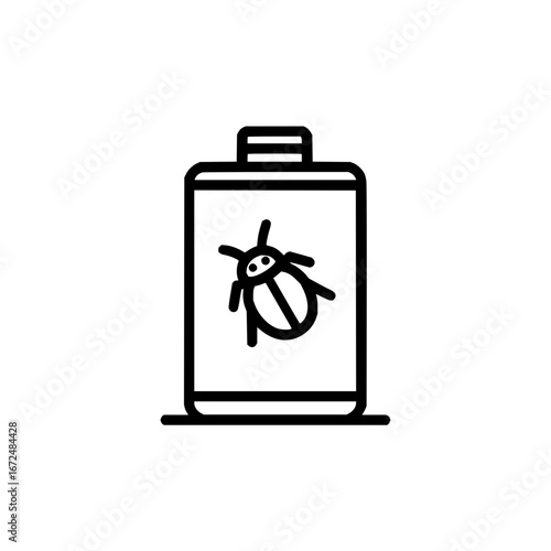Illustration of a bottle with a bug on it, likely insecticide or pesticide, in black and white outline
