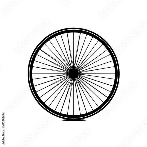 A detailed black and white illustration of a bicycle wheel with spokes radiating from the center hub outward