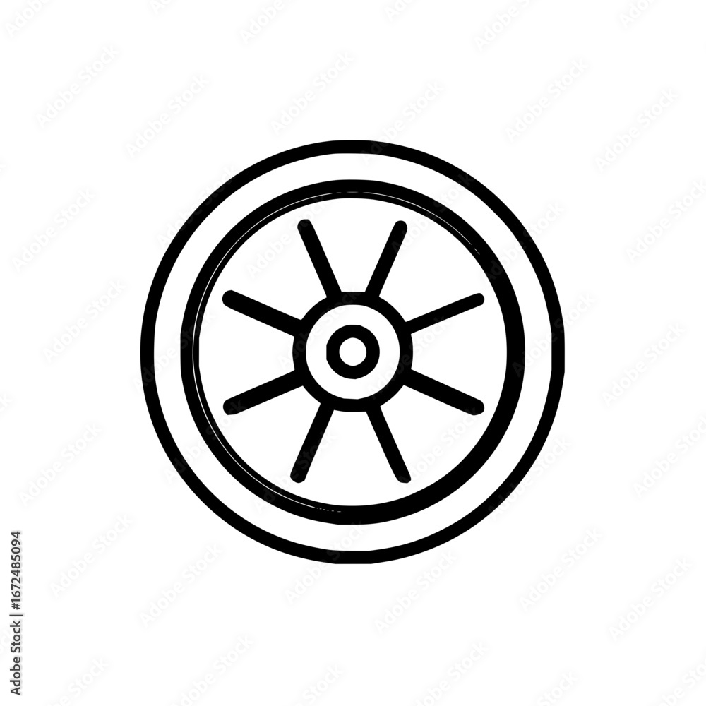 Fototapeta premium Illustration of a simple wheel with spokes inside a double rim circle in black and white outline art