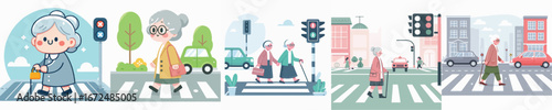 vector of a grandmother crossing the road