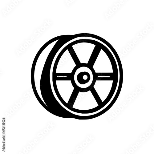 Illustration of a black and white spoked wheel with a tire and central hub on a white background view