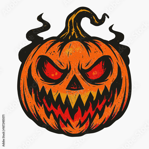 Fearsome jack-o-lantern with glowing red eyes and jagged teeth