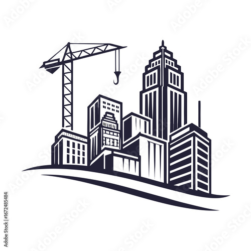 Monochrome Cityscape with Crane Silhouette Illustration for Construction and Urban Development