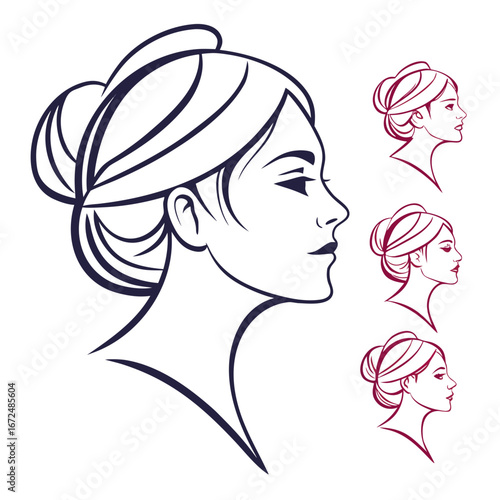 Elegant Woman Profile Line Art with Hair Bun Variations Illustration