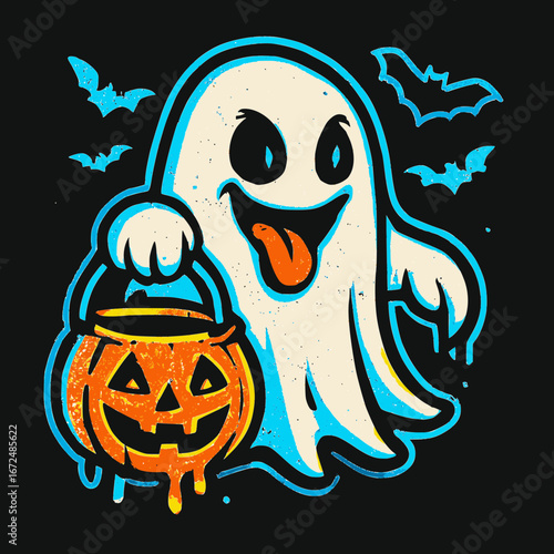 Spooky ghost with pumpkin bucket and bats ready for Halloween trick-or-treating fun