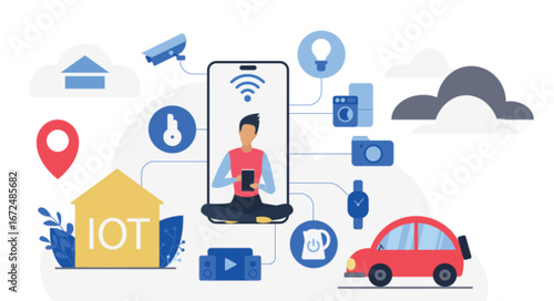 Modern smart home automation with IoT devices connected through cloud technology for remote control security energy efficiency and convenience isolated on white background vector illustration