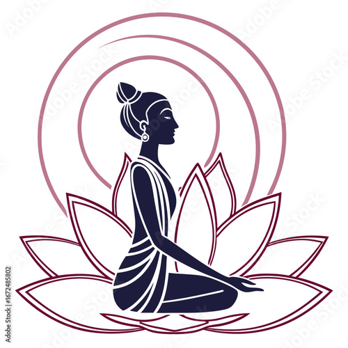 Meditating woman on lotus flower with halo spiritual vector illustration