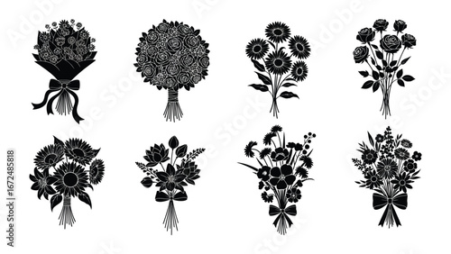 Floral Symphony: An assortment of intricate silhouette bouquets of flowers, each intricately designed and showcasing nature's beauty in a monochromatic aesthetic.