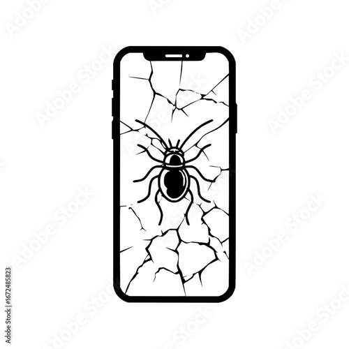 Black and white illustration of a cracked smartphone screen with a spider on the display surface