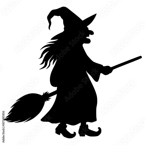 Classic silhouette of a witch flying on a broomstick, perfect for Halloween